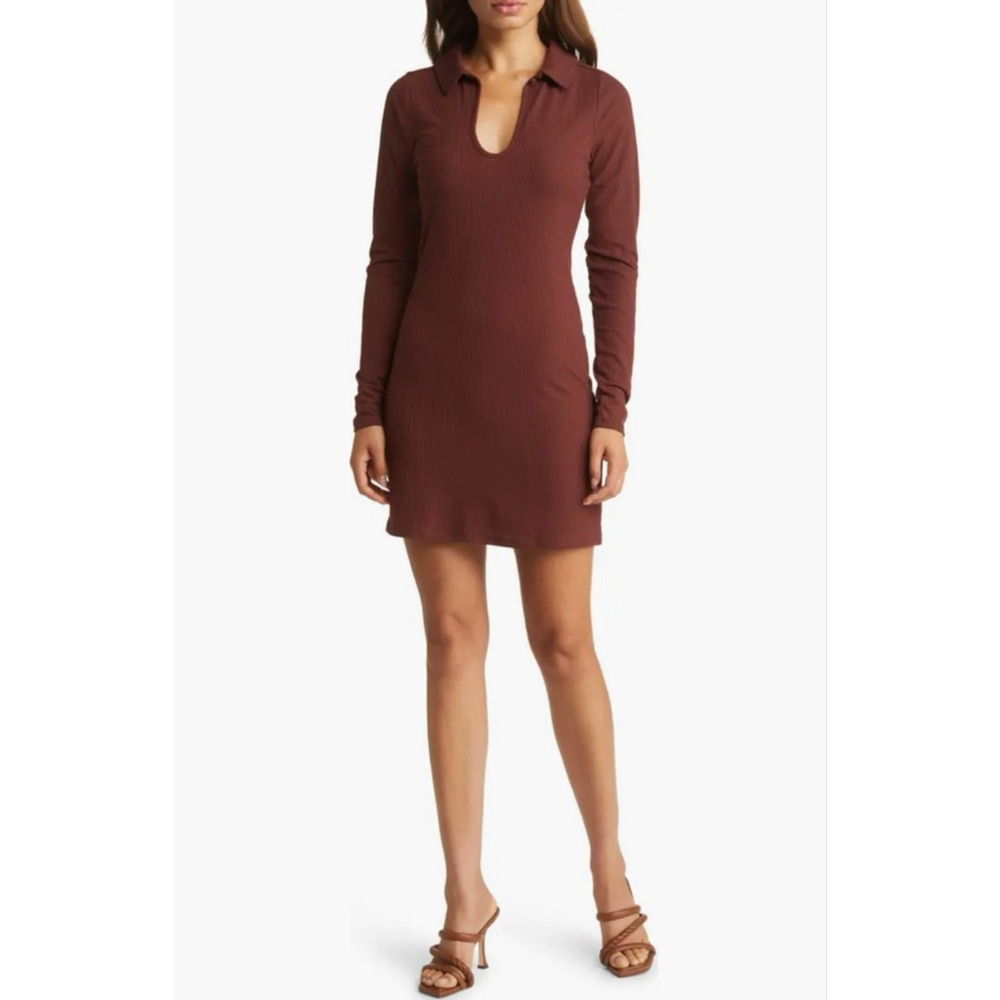 Women's FOURTEENTH PLACE Brown Long Sleeve Ribbed Dress XS